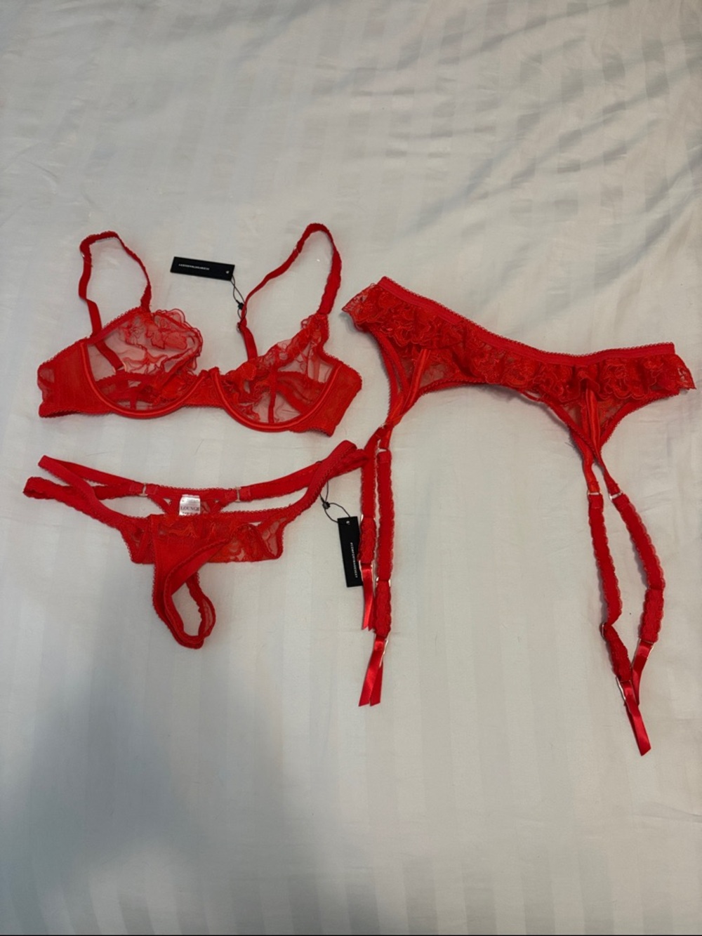Lounge Danielle Set Sheer Red Lace Bra (36B), Thong & Garter Set, PRICE IS FIRM